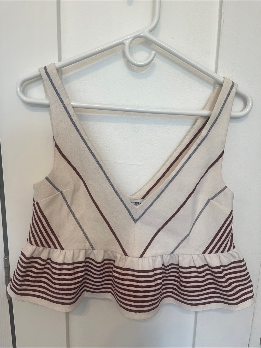 Striped V-Neck Peplum Tank Top - Cream & Burgundy